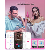 In New York, a man engages with his smartphone, while in Berlin, a woman holds a pink device—a Lovense Nora Bluetooth-Controlled Rabbit Vibrator. The LOVENSE Remote App appears on the phone screens below, along with QR codes for the App Store and Android.